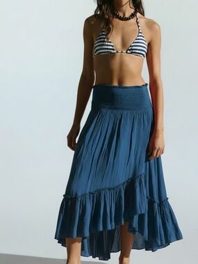 Free People Blue High-Low Ruffle Midi Skirt